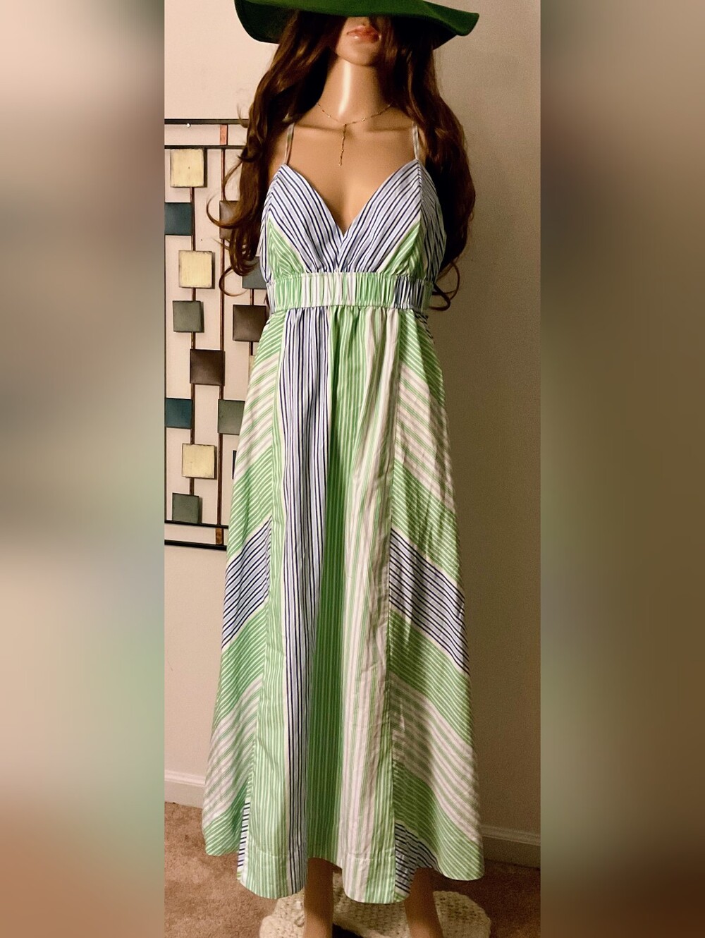 Free Assembly Beautiful Flowing Blue, Green & White Striped Maxi Dress. NWOT